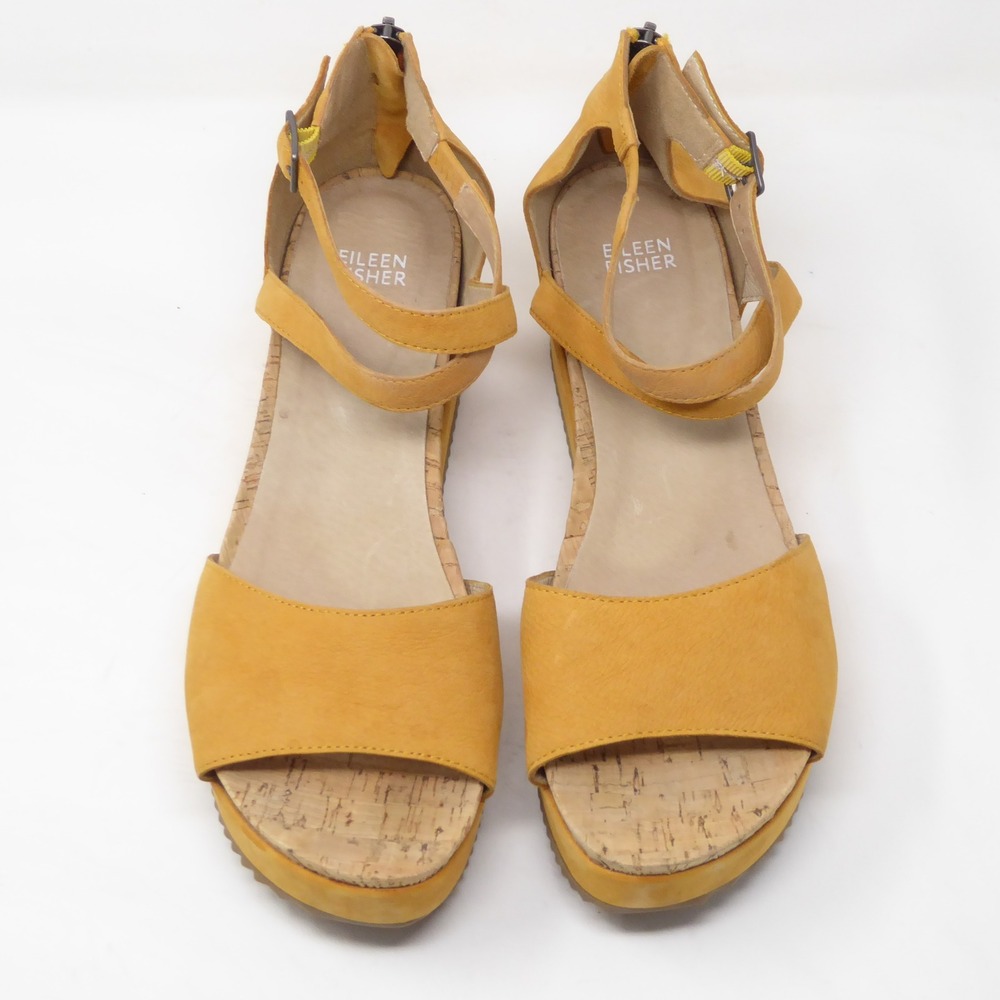 Eileen Fisher Emmy Womens Platform Sandals Yellow Leather Cork Wedge 10 - Picture 3 of 9